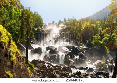 Summer Landscape Of Uchar Waterfall In Altai Mountains, Altai Republic, Siberia, Russia