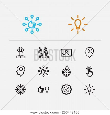 Work Icons Set. Mediate And Work Icons With Manage Stress, Result Oriented And Drop In Productivity.