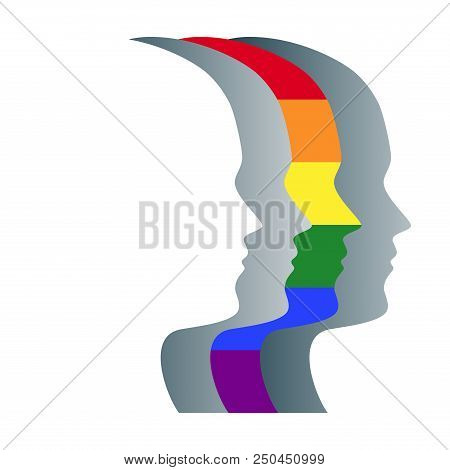 Gay And Gray Silhouettes Of Faces, Positioned In A Straight Row. Overlapping Heads, One Striped And 