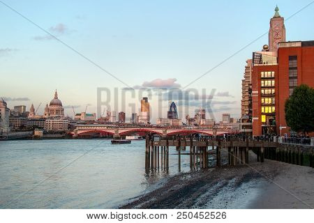 London, United Kingdom - October 7th, 2006:  Thames Riverside In The Evening, Blackfriars Bridge And