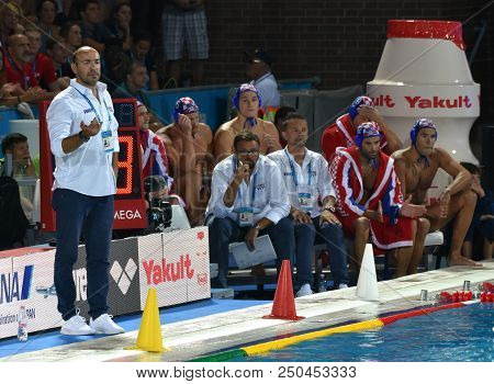 Budapest, Hungary - Jul 27, 2017. Tucak Ivica Head Coach And The Croatian Men Waterpolo Team In The 