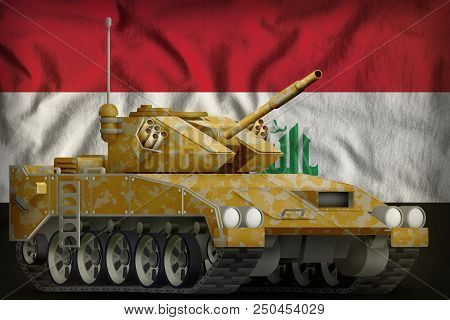 Light Tank Apc With Desert Camouflage On The Iraq Flag Background. 3d Illustration