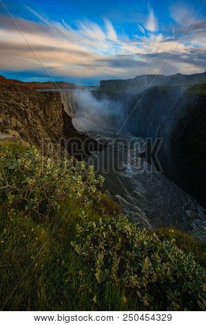 Dettifoss Watefall In Iceland Bright Light Sunset