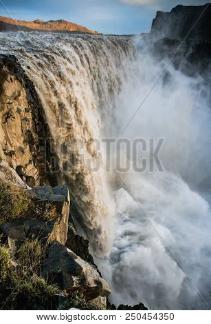 Dettifoss Watefall In Iceland Bright Light Sunset