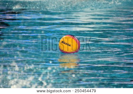 Budapest, Hungary - Jul 29, 2017. Waterpolo Ball In The Swimming Pool. Fina Waterpolo World Champion