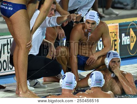 Budapest, Hungary - Jul 29, 2017. Marcz Tamas Head Coach And The Hungarian Men Waterpolo Team (decke