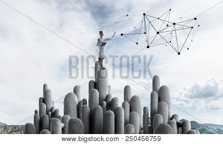 Young Female Doctor With Folder In Hands Satnding On Stone Column. 3d Rendering
