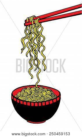 Yellow Noodle At Bowl And Stick, Doodle Style Illustration, Hand Drawing
