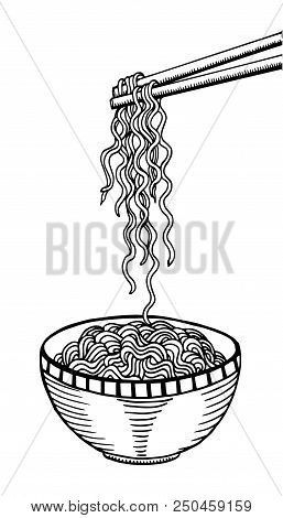 Black And White Doodle Noodle At Bowl And Stick. Hand Drawing