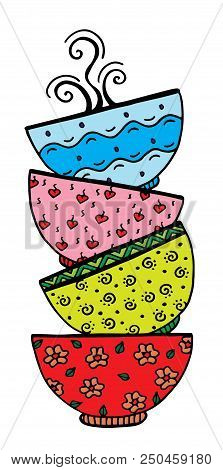 Vector Hand Drawn Stack Of Bowl Doodle Style Illustration.