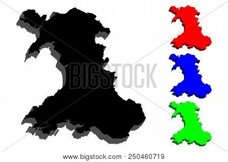 3d Map Of Wales(cymru) - Black, Red, Blue And Green - Vector Illustration