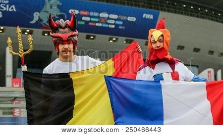 St. Petersburg, Russia - July 10, 2018: Supporters Of Belgium And France National Football Team At S