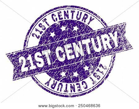 21st Century Stamp Seal Imprint With Distress Texture. Designed With Ribbon And Circles. Violet Vect