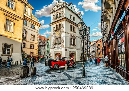Prague, Czech Republic - September 25 2016: Tourists Pass By Shops And Cafes In A Picturesque Sectio