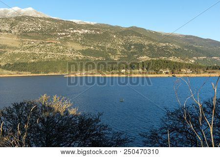 Ioannina, Greece - December 27, 2014:  Amazing Winter Landscape Of Lake Pamvotida And Pindus Mountai