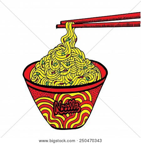 Doodle Noodle At Bowl And Stick. Hand Drawing