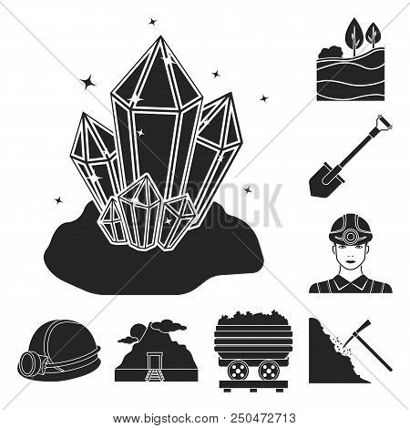 Mining Industry Black Icons In Set Collection For Design. Equipment And Tools Vector Symbol Stock  I
