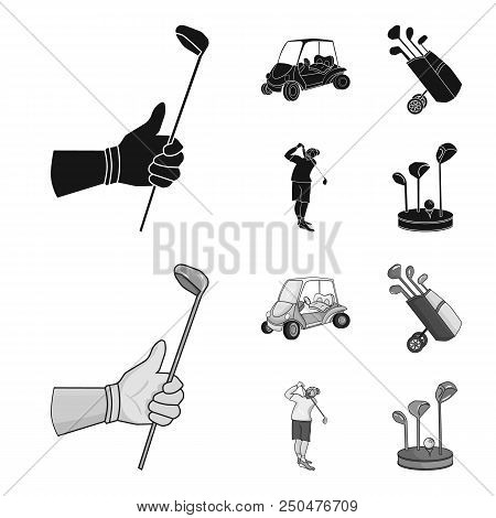 A Gloved Hand With A Stick, A Golf Cart, A Trolley Bag With Sticks In A Bag, A Man Hammering With A 