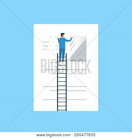 Businessman Erasing Information Clear Data Concept Man On Ladder Delate Info Flat Blue Background Ve