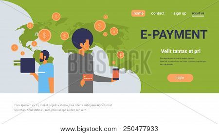 Business People Using Mobile E-payment Application Dollar Coin Global Online Pay Concept Flat Horizo