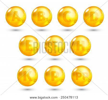 Vitamin. High Quality Gold Oil Capsule. Vector Illustration For Your Design.