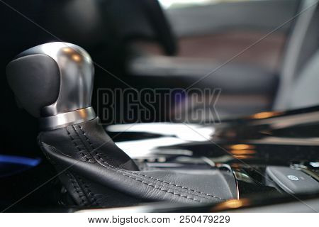 Automatic Transmission Gear On Dark Background.modern New Car Interior,close Up Of Metallic Silver G