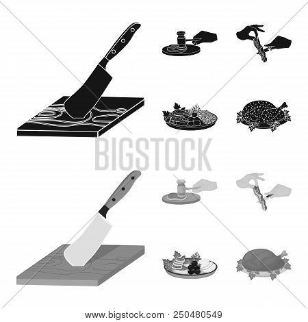 Cutlass On A Cutting Board, Hammer For Chops, Cooking Bacon, Eating Fish And Vegetables. Eating And 