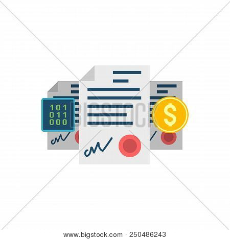 Smart Contract Concept, Dollar, Binary Code Flat Vector Icon. Isolated On White Background.