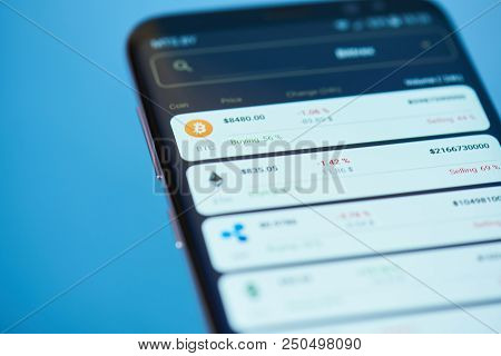 New York, Usa - February 13, 2018: Price Of Bitcoin On Mobile Screen Close Up. Growing Price Of Bitc