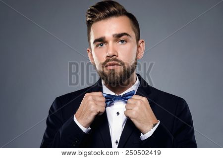 Stylish Handsome Man Wearing A Classic Suit With Bow-tie