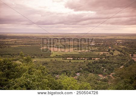 The View Of The Landscape From The Phnom Santuk Temple Near Of The City Of Kampong Thom Of Cambodia.