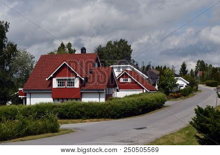 Typical small town in Southern Norway. June 19,2018. Rakkestad, Ostfold Region. Norway