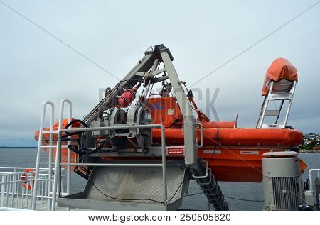 Inflatable lifeboat. The Ferry from Horten to Moss connects Ostfold and Vestfold in Norway.June 22,2018. Moss,Norway