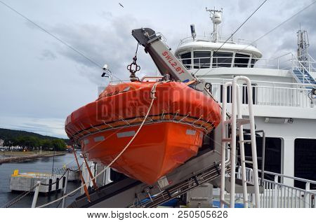 Inflatable lifeboat. The Ferry from Horten to Moss connects Ostfold and Vestfold in Norway.June 22,2018. Moss,Norway
