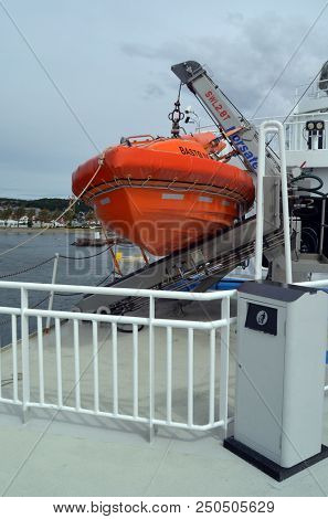 Inflatable lifeboat. The Ferry from Horten to Moss connects Ostfold and Vestfold in Norway.June 22,2018. Moss,Norway