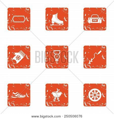 Sport Fishing Icons Set. Grunge Set Of 9 Sport Fishing Vector Icons For Web Isolated On White Backgr