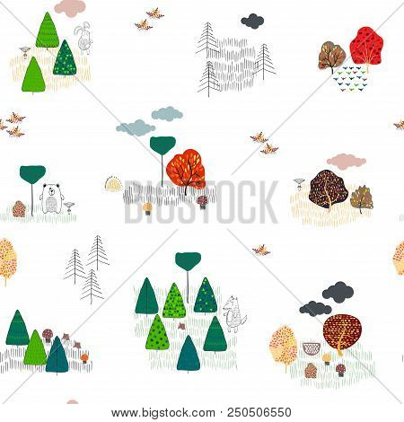 Seamless Background With Stylized Autumn Trees. Forest Bright Pattern. Vector Illustration.