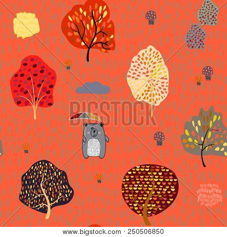 Seamless Background With Stylized Autumn Trees. Forest Bright Pattern. Vector Illustration.