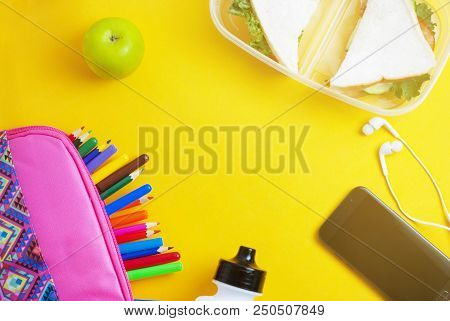 School Lunch Sandwich And Green Apple, Bottle Of Water, Healthy Eating Concept, Colorfu Encils Yello