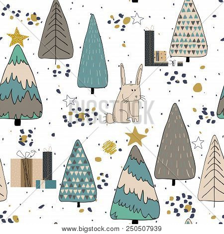 Winter Forest Seamless Pattern Background. Scandinavian Style. Vector Illustration