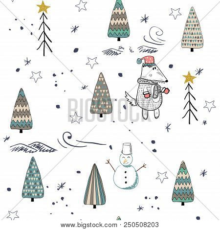 Winter Forest Seamless Pattern Background. Scandinavian Style. Vector Illustration
