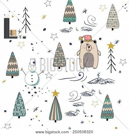 Winter Forest Seamless Pattern Background. Scandinavian Style. Vector Illustration
