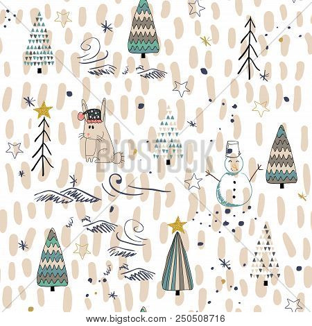 Winter Forest Seamless Pattern Background. Scandinavian Style. Vector Illustration