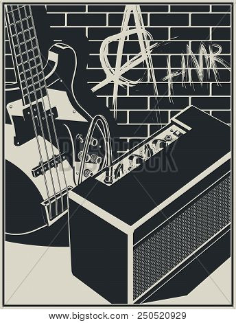 Stylized Vector Illustration Of An Electric Guitar And Guitar Amplifier On A Brick Wall With Graffit