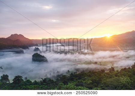 Fog Mountain In Morning At Phu Langka Viewpoint, Phayao, Thailand
