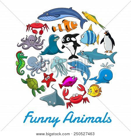 Cartoon Sea Animals And Fishes Poster For Oceanarium Design. Vector Icons Of Dolphin, Marine Turtle 