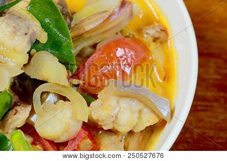 Spicy Tom Yum Soup In White Blow With Herb, A Spicy Clear Soup Typical In Thailand And No.1 Thai Dis