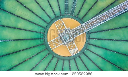 Aerial Top View Recirculation Solid Contact Clarifier Sedimentation Tank, Water Treatment Plant.