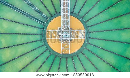 Aerial Top View Recirculation Solid Contact Clarifier Sedimentation Tank, Water Treatment Plant.