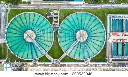 Aerial Top View Recirculation Solid Contact Clarifier Sedimentation Tank, Water Treatment Plant.